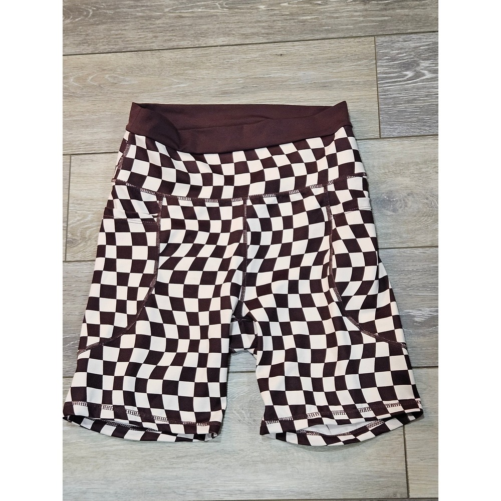 Wilo The Label Brown Cream Checkered High Waisted Activewear Shorts Womens M